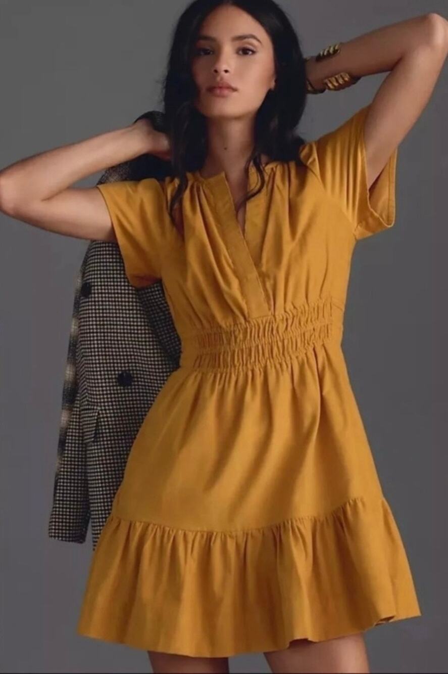 ANTHROPOLOGIE The Somerset Mini Dress Corduroy Mustard Yellow Gold XS